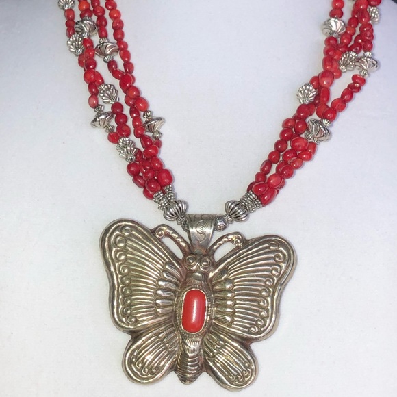 Tibetan Butterfly Design Red Coral with 4 Strand Coral & Silver Necklace